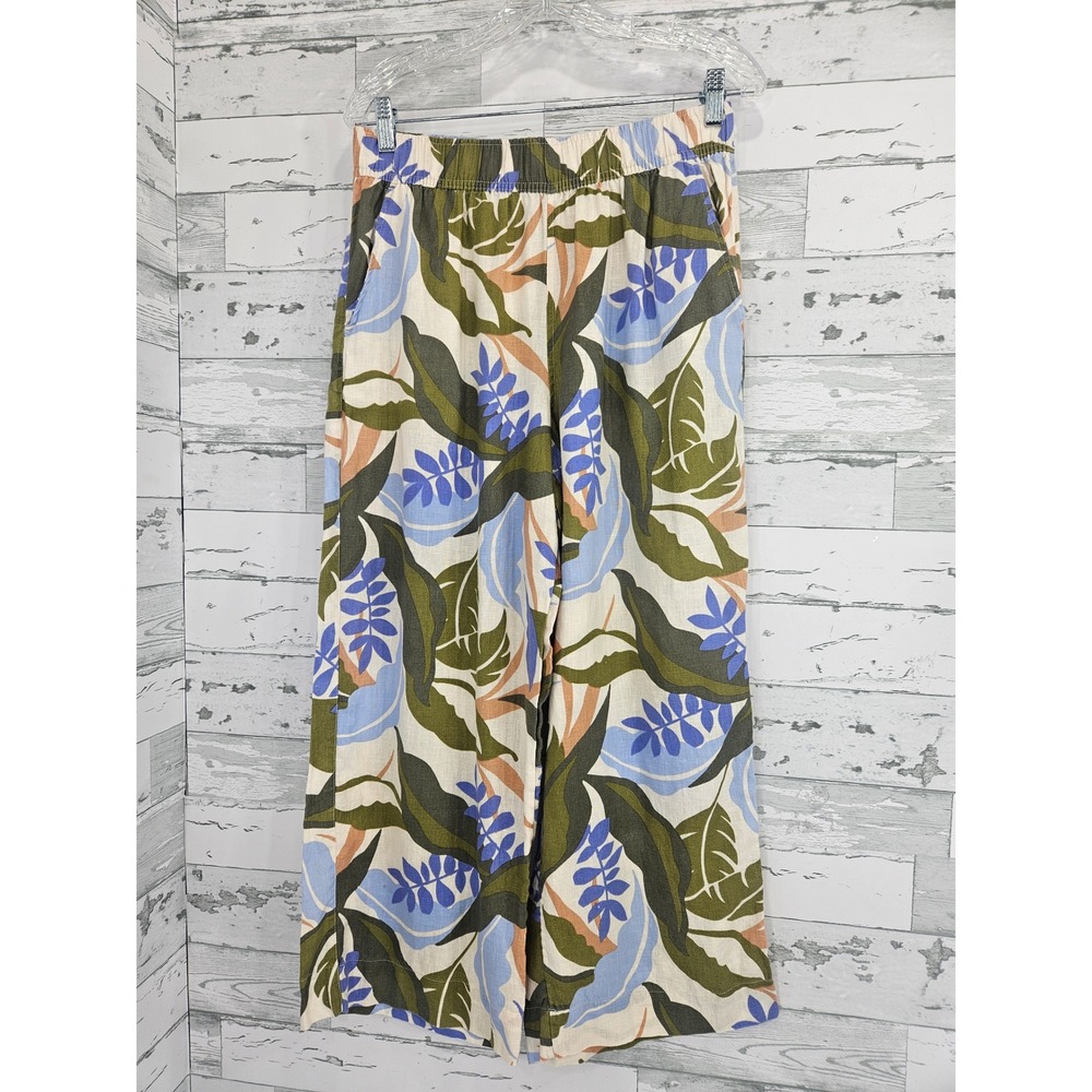 Tahari Womens 100% Linen Wide Leg Tropical Leaf Print Pants Green Blue M